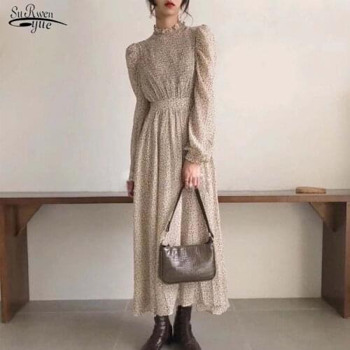 Vintage 2020 Stand Collar Ruched Sleeve A-line Dress Women Floral Print Elastic Waist Female Dress Spring Vestidos Femme 11453