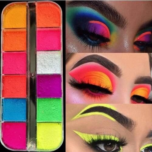 12 cores de fluorescente neon pigmento sombra de olho maquiagem paleta brilho shimmer sombra rosto corpo arte do prego e