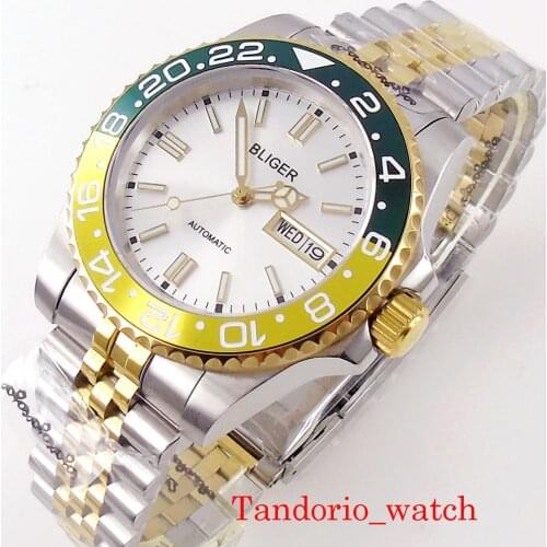 40mm Bliger Two Tone White Dial 24Jewels Japan NH36A New Automatic Men Watch Sapphire Glass Date Week Window Jubilee Bracelet