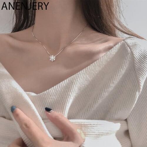ANENJERY Flash Cubic Zircon Snowflake Pendant Necklace Fashion Clavicle Chain Rose Gold Silver Color Necklace For Women S-N605