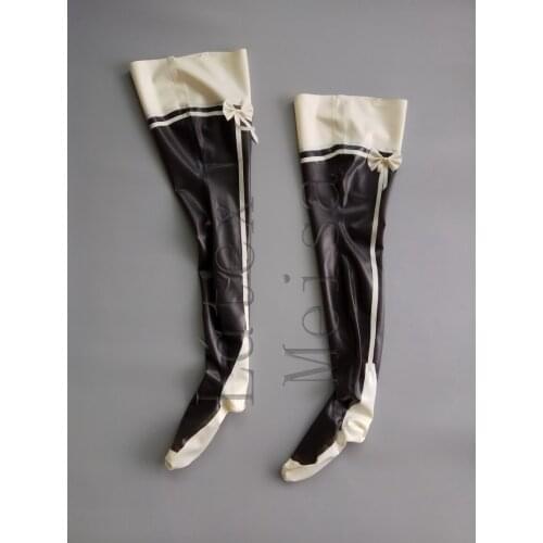 Black natural rubber tight stockings decorative with white trims & bowknots on top for women