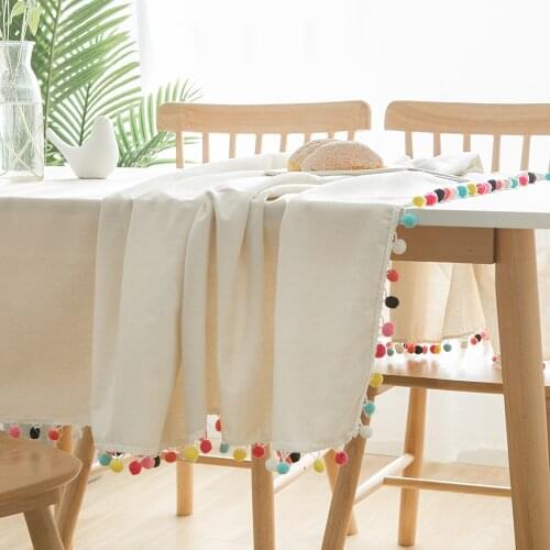 Decorative Cotton and Linen Tablecloth With Colored Wool Ball Plain Thick Rectangular Kitchen Dining Table Cover Tea Table Cloth