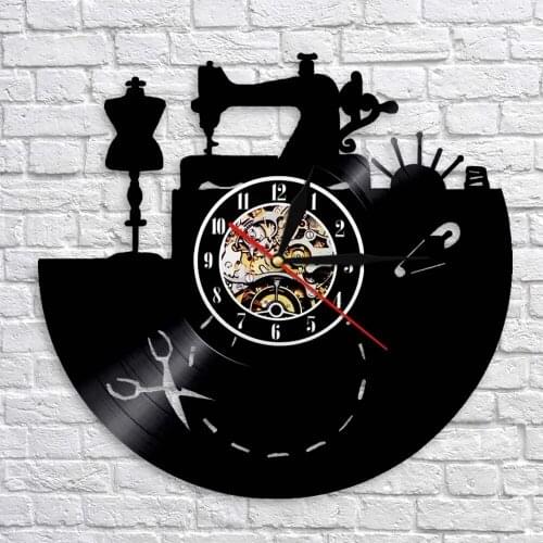Vintage Sewing Machine Tailor Tools Handmade Vinyl Record Watch Clock Seamstress Shop Clothes Dummy Mannequin Sewing Room Decor