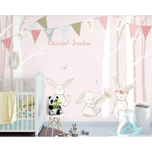 Beibehang Customized modern fashion 3D wallpaper hand-painted cartoon forest cute white rabbit children background wallpaper