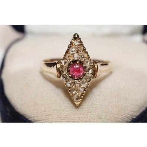 ANTIQUE VICTORIAN 14K GOLD NATURAL ROSE CUT DIAMOND AND RUBY NAVETTE RING
