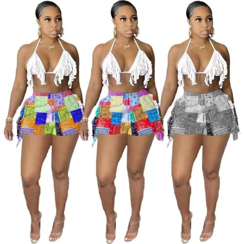 Echoine Print Vintage Tassel Fringe Shorts Sexy Halter Crop Top Two Piece Set Party Clubwear Party Club Outfits Streetwear