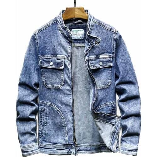 Mcikkny Mens Cargo Trucker Denim Jackets Loose Stretch Autumn Outwear Tops For Male Clothing Multi Pockets