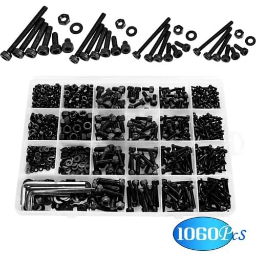 1060pcs M2 M3 M4 M5 Kit Nuts Socket Assortment Hex Socket With Storage Box Carbon Steel Head Bolts Bolts Flat Round Screw Cap