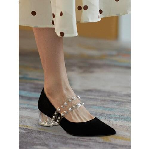 Newest High Quality Woman Pumps Elegant Retro Pearl Mary Jane Pointed Toe Crystal High Heels Party Office Lady Shoes Woman