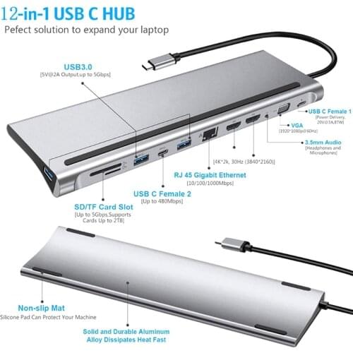 2021 New 12-in-1 Type-C HUB 4K Docking station dual RJ45 Gigabit Lan PD Laptop Docking Stations High Quality