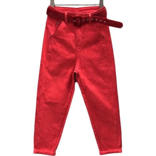 New Spring Autumn Casual Jeans Womens Big Red Loose Thin Harem Pants Female Plus size All Cotton Nine-point Pants Trend 5XL