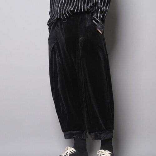 Autumn and winter dark department personality design plus velvet loose leg pants fashion keep warm straight Harun nine minutes p