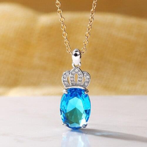 JK New Design Oval Sky Blue CZ Crown Pendent Necklaces Women Two Tone Chain Anniversary Gift Lover Fashion Versatile Jewelry