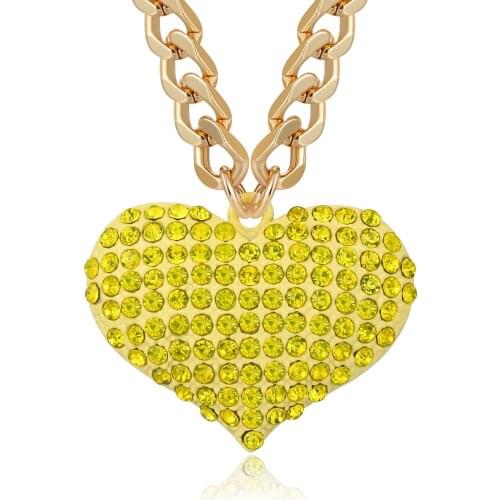 Hip Hop Gold Crystal Heart Pendant Necklace Women Statement Punk Purple Rhinestone Personalized Chunky Choker Chain Jewelry