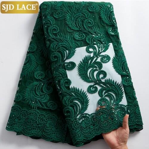 SJD LACE Sequined Design Red French Milk Silk Lace Fabric Embroidery African Mesh Lace Fabric With Sequins For Party Dress A2340