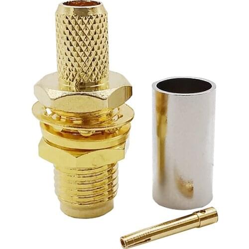 SMA Female Plug Crimp Center Nut Bulkhead Straight RF Coaxial Gold-Plated Connector for RG58 RG142 LMR195 RG400 Cable