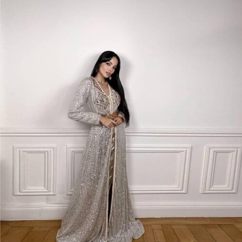 Silver Moroccan Caftan Evening Dress V-Neck A-Line Floor Length Split Prom Dress Applique Dubai Muslim Summer Dress Custom Made