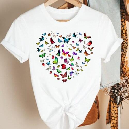 Women Clothes Butterfly Heart Love Printing 90s Cartoon Summer Short Sleeve Print Fashion Tshirt Female Tee Top Graphic T-shirt