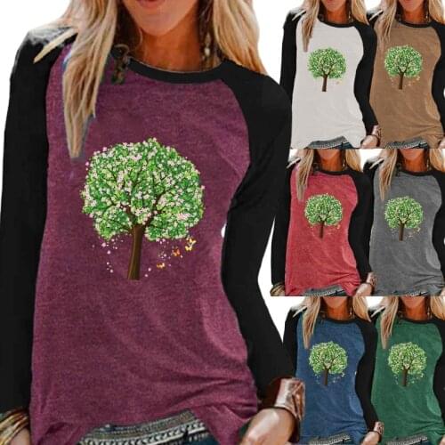 Ladies Autumn New Casual Long Sleeve Top Fashion Print Round Neck Contrasting Loose T-shirt Pullover Sweatshirt Plus Size