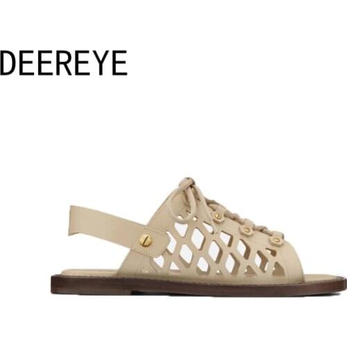 2021 Summer Flat Womens Mesh Hole Hollow Out Leather Casual Sandals Lace-Up Low-Heel Retro Rivet Catwalk Shoes Large Size