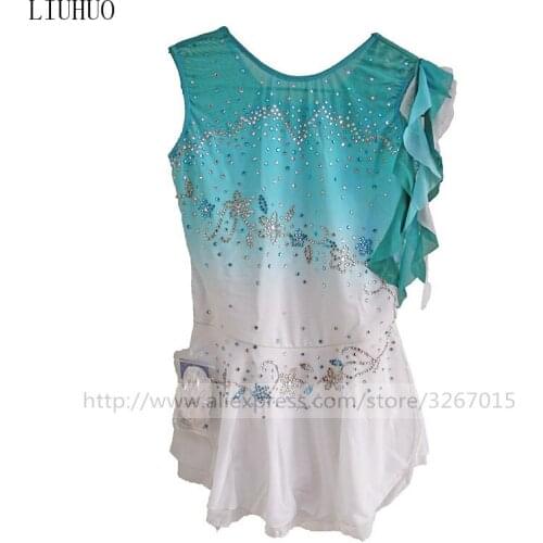 Figure Skating Dress Womens Girls' Ice Skating Dress Blue white gradual color Sleeveless high elastic fabric Flower pattern