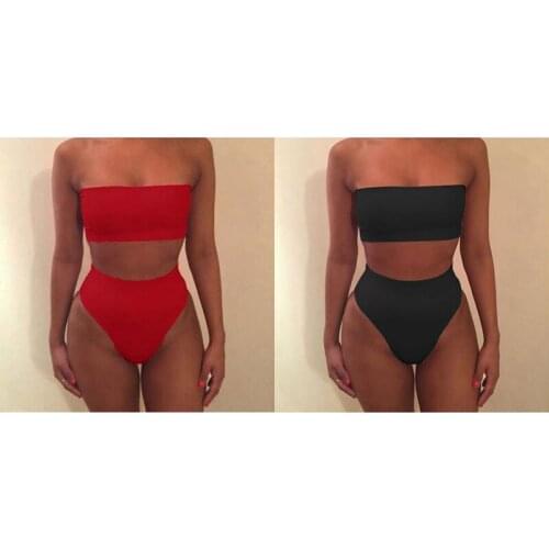 2Set Womens Sexy Solid Color Tube Top Split Swimsuit High Waist Bikini Suit Swimsuit, Red & Black