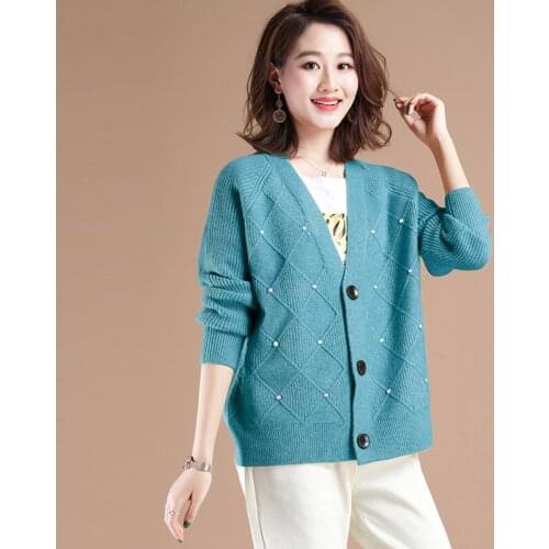 Fad Solid Autumn Spring Ladies Knitted Cardigans Deep V-Neck Womans Sweater with Buttons Long Sleeve Casual Female Cardigans