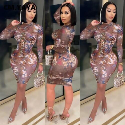 CM.YAYA Autumn Winter Vintage Print Lace Up Women Dress Long Sleeve Bandage Bodycon Night Club Sexy Midi Dresses