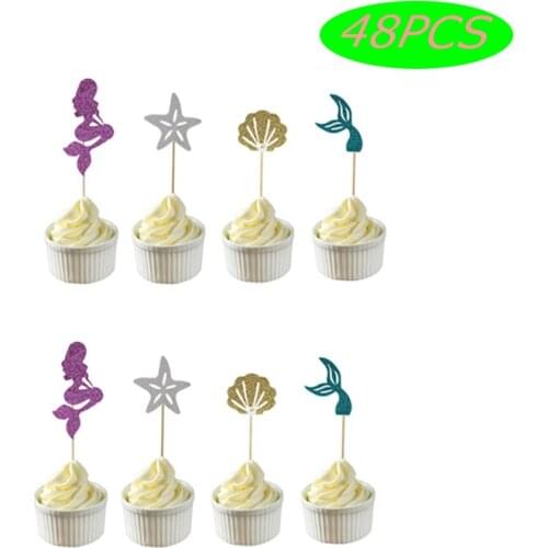 48Pcs Mermaid Cupcake Topper Tail Seashell Starfish Mermaid Cake Pick Baby Shower Wedding Birthday Party Supplies Cake Decor