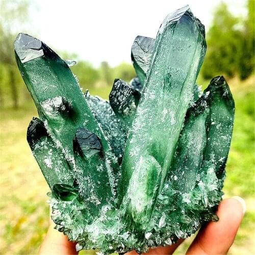 600-800G Rare Green Ghost Phantom Quartz Crystal Rough Cluster Specimen For Reiki Gifts Energy Decor