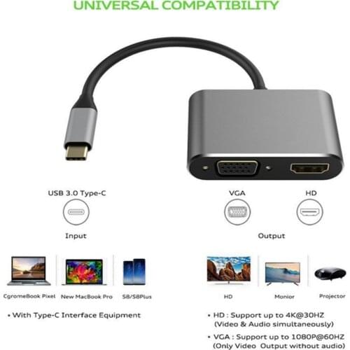 Type C 3.1 To HDMI VGA 4K Resolution 2 In 1 Converter USB C to HDMI VGA Fast Speed Transfer Cable Adapter For Mobile Macbook PC