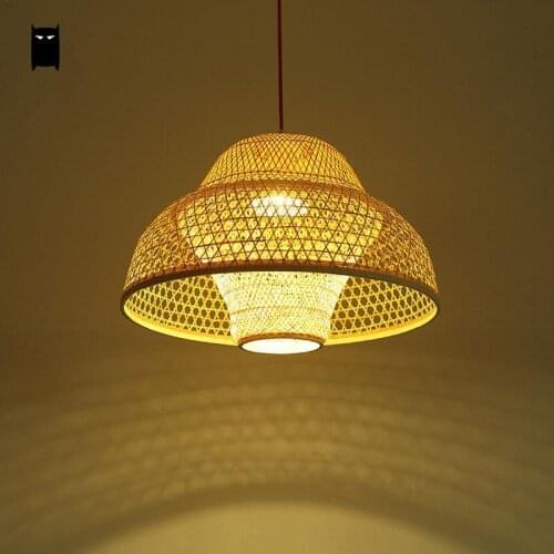 Bamboo Wicker Rattan Flower Lampshade Pendant Light Fixture Rustic Creative Fashion Japanese Hanging Ceiling Lamp for Study Room