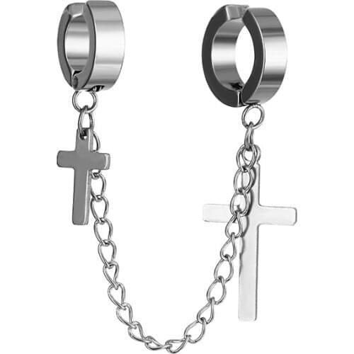 Stainless Steel Chain Tassel Fake Piercing Earrings Crosses for Women Men Punk Earings Girls Clip on Earings Fashion Jewelry New