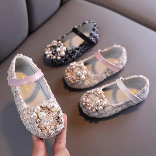 Kids Girls Pearl Crystal Princess Shoes 2021 New Wedding Dress Non - Slip PU Leather Flat Dance Shoes for Children