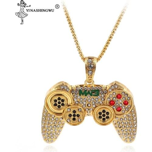 Hip Hop Iced Out Game Controller Handle Pendant Necklace For Women Men Gold CZ Crystal Rhinestone Jewelry Chain Necklaces Gifts