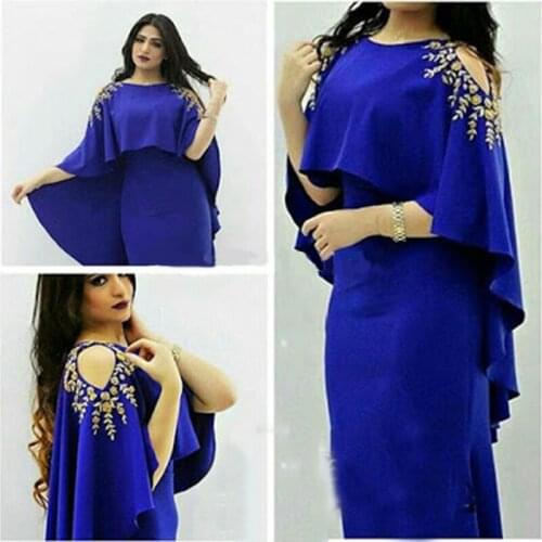 2020 Long Royal Blue Evening Dresses Cap Sleeves Crystals Floral Lace Formal Party Gowns Vestidos De Festa Prom Dresses