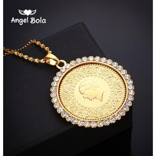 Big Size Turkey Coin Pendant Muslim Necklaces with AAA Crystal for Women Gold Color Turkish Coins Jewelry Ethnic Gifts