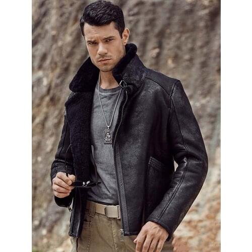 New Mens B3 Shearling Jacket Black Leather Jacket Flight Jacket Short Fur Coat Fashion Motorcycle Jacket