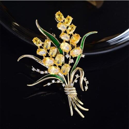 Fashion Yellow Crystal Wheat Green Enamel Pins Brooch Female Clothing Jewelry Luxury Zircon Brooches for Women broche femme