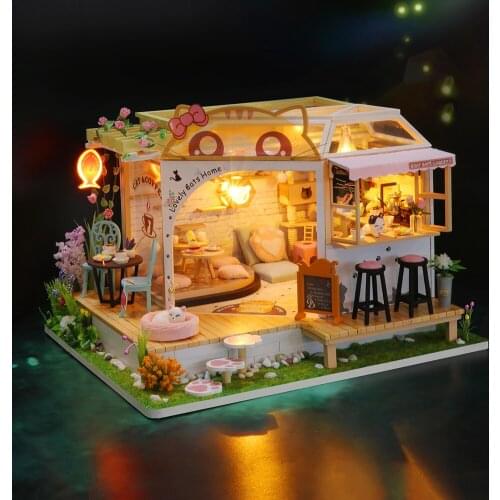 DIY Wooden Dollhouse Kits Miniature With Furniture Cute Cats Coffee Home Casa Dollhouse Assembled Toys for Girls Xmas Gifts