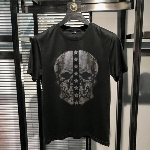 New Rhinestones Cotton Mens short Skulls tshirt Rhinestones hip hop Casual Hot drill top quality