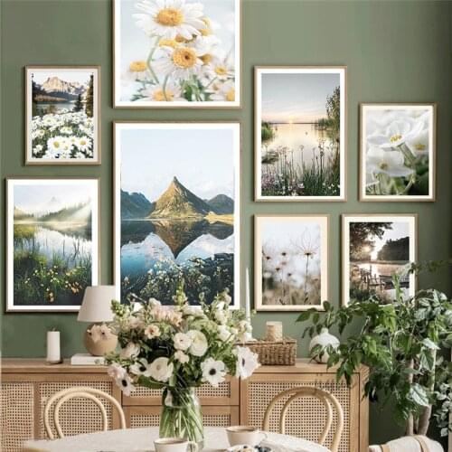 Spring Flower Lake Nordic Canvas Painting Sunset Nature Landscape Scandinavian Poster Canvas Print Wall Art Decoration Picture