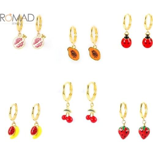 ROMAD 9mm 925 Sterling Silver Strawberry Banana Earrings Hoops Summer Fruit Hpendant Huggie Earrings Women Jewelry Bijoux Femme