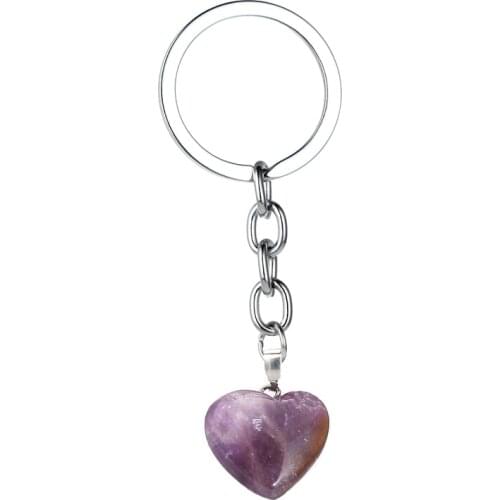 Rose Pink Natural Heart Stone Keychain Crystal Quartz Chakra Healing Stone Key Chain Bag Car Trinket Female Jewelry Party Gift