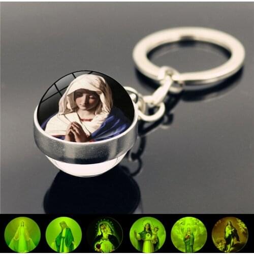 Blessed Virgin Mary Mother of Baby Jesus Luminous Keychain Double Side Glass Ball Keyring Catholic Christian Key Chain Holder