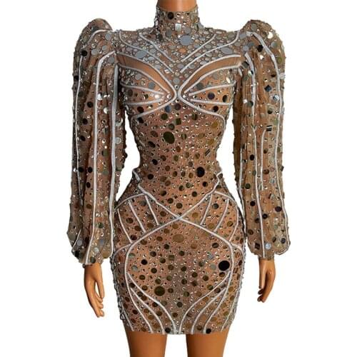 Singer Dancer Stage Costume Nightclub Gogo Dance Clothes Silver Sequins Rhinestones Puff Sleeve Elastic Dress Rave Wear VDB3976