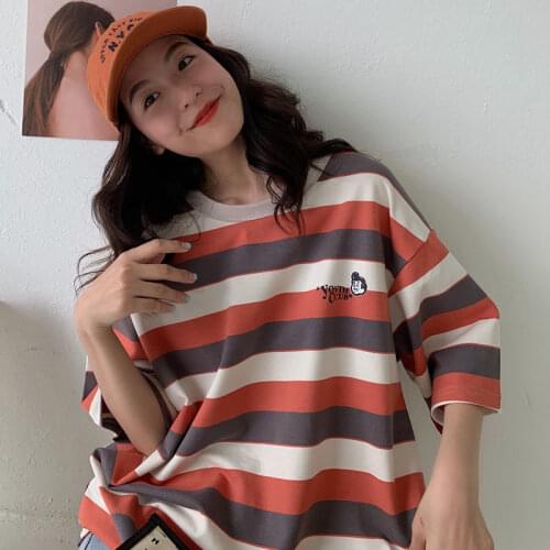 2021 Cute Hip Hop Women Striped T-Shirt Loose Summer Oversize Female Tops Tees Funny Japan Harajuku High Street T Shirt Femme