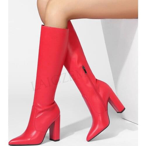 LAIGZEM FASHION Women Knee High Boots Chunky Block Heels Side Zip Faux Leather Boots Ladies Shoes Woman Large Big Size 39 42 43