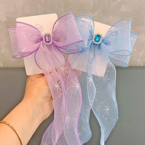 Girls Rhinestone Streamer Hair Bows Snowflake Mesh Bowknot Hair Clips Long Tassel Top Head Hairpin Grip Princess Headwear