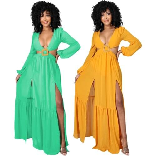 Sexy Hollow Out Pleated Long Dress with Zip Long Sleeve High Split Loose Maxi Vestidos Beach Style Sundress Holiday Outdoor Wear